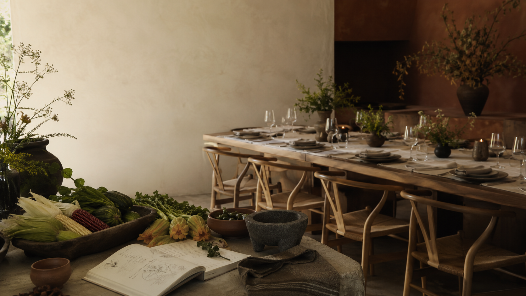 Mesa preparada para una cena temática de Surqué, acompañada de ingredientes de temporada, cerámica y notas de investigación culinaria.